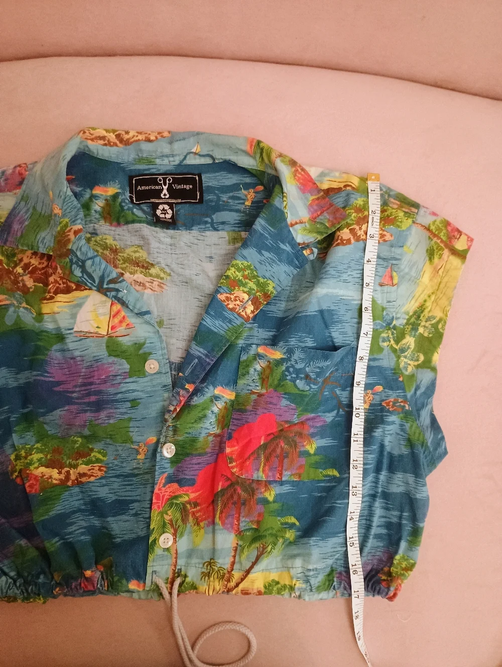 American Vintage Blue Tropical Print Cropped Button-Up - Picture 4 of 4